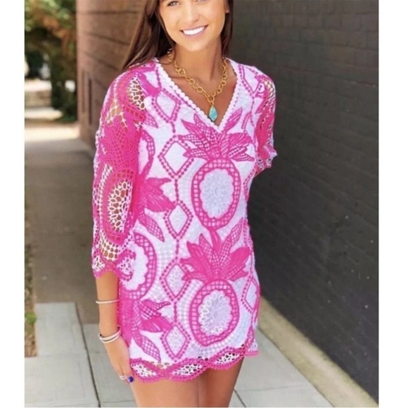 Lilly Pulitzer Lottie Romper Juice Stand Crochet Pink Tropics Size 00 NEW - Picture 3 of 16